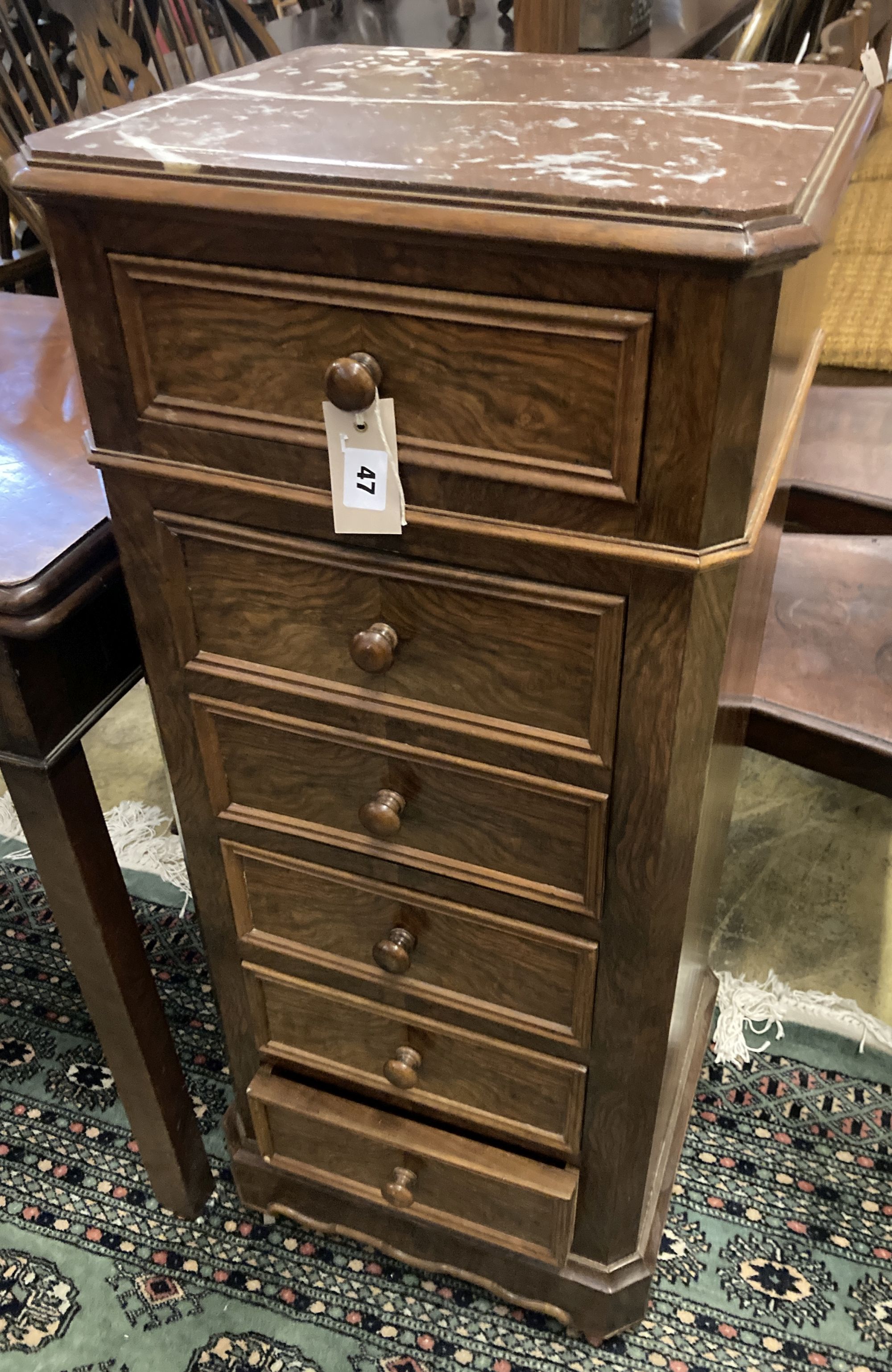 A 19th century French marble topped walnut bedside chest, width 41cm depth 38cm height 97cm